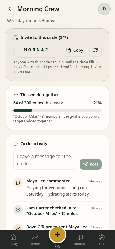 Inside a Steadfast Circle: the invite code, this week's shared goal and the activity feed