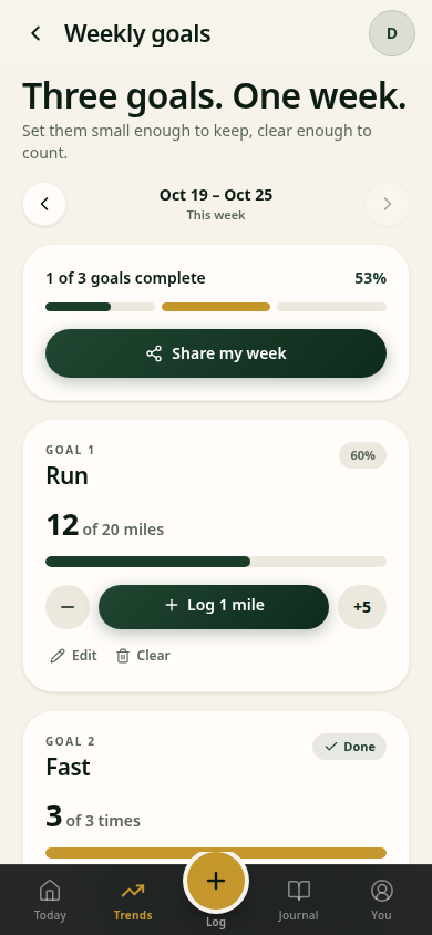 Weekly goals in Steadfast: three goals, a progress bar and Share my week