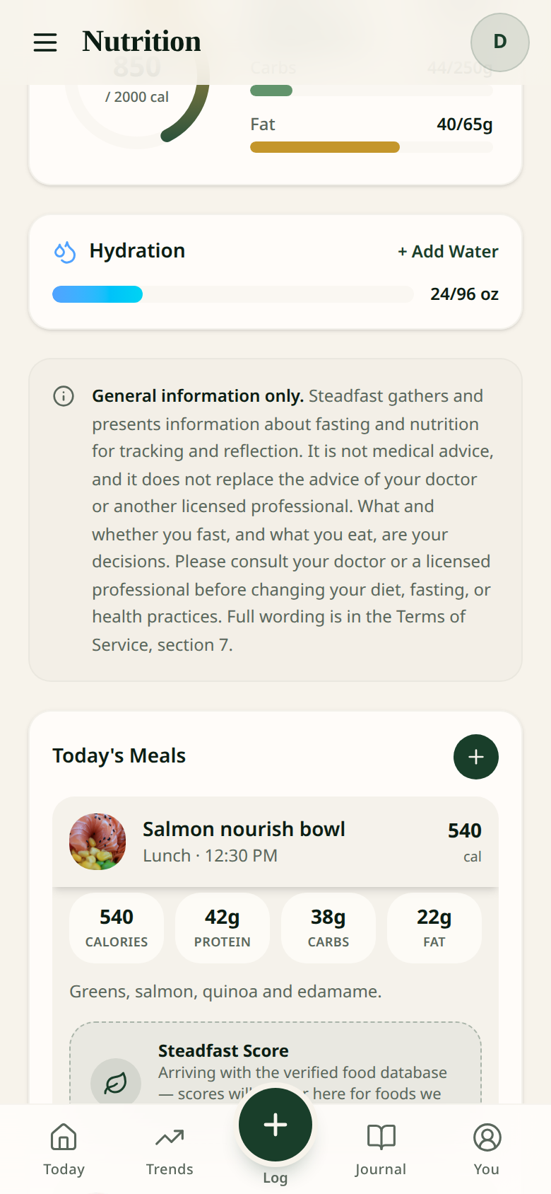 A meal in Steadfast with its calories and macros