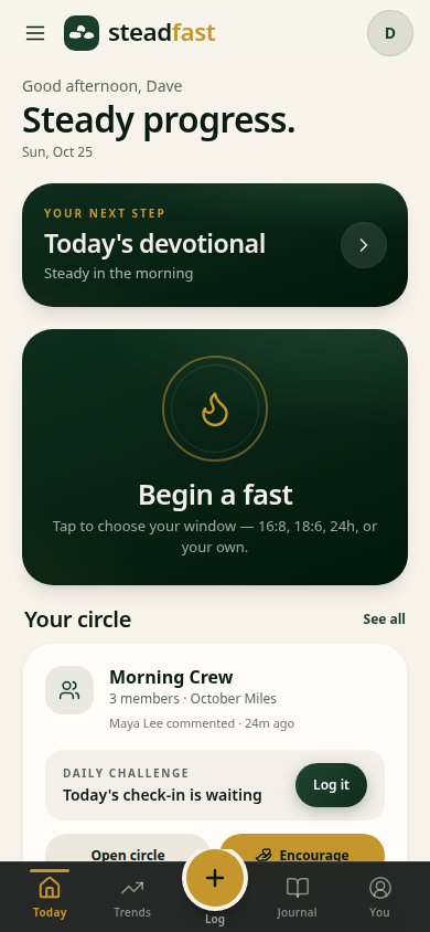 The Steadfast Today screen: your next step, your fast and your circle at a glance